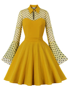 Yellow Turn Down Polka Dots Embroidered Semi-Sheer 1950S Vintage Dress