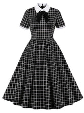 Load image into Gallery viewer, Black Plaid PeterPan Collar Short Sleeve High Waist Vintage Cotton 1950S Dress