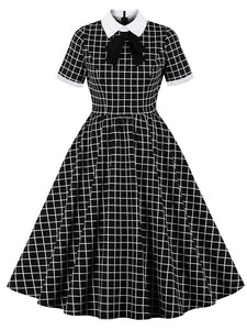Black Plaid PeterPan Collar Short Sleeve High Waist Vintage Cotton 1950S Dress