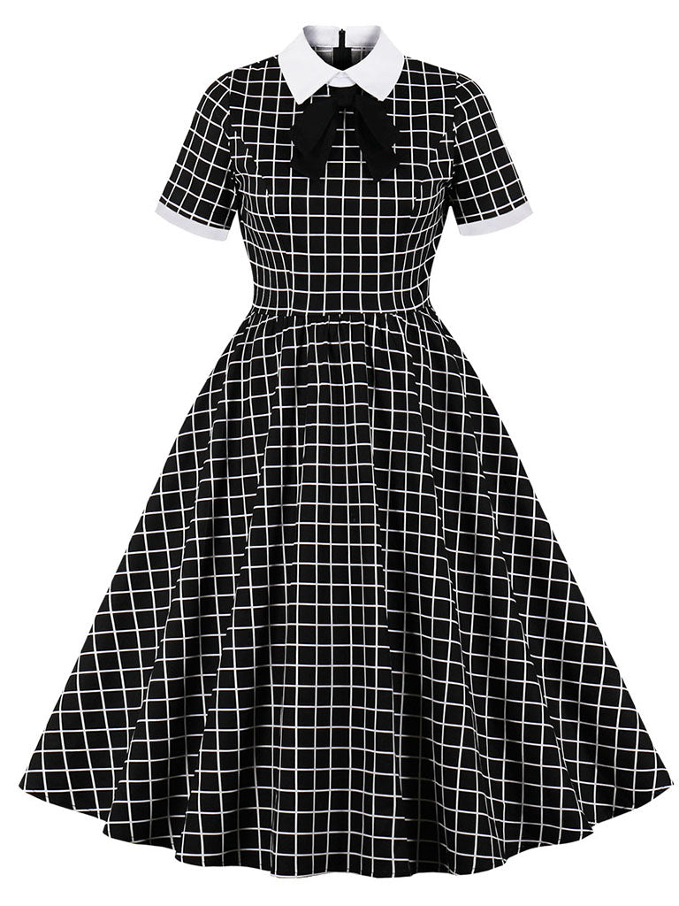 Black Plaid PeterPan Collar Short Sleeve High Waist Vintage Cotton 1950S Dress