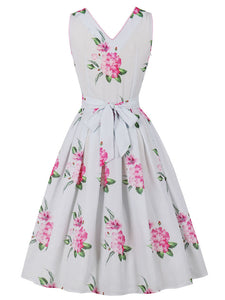 White Rose Flower V Neck 1950S Vintage Swing Dress