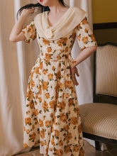 Load image into Gallery viewer, Orange Rose Print Off Shoulder Short Sleeves 50S Chiffon Dress