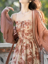 Load image into Gallery viewer, 2PS Coffee Knitted Cardigan With Rose Print Spaghetti Strap 50S Vintage Dress Set