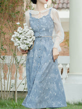 Load image into Gallery viewer, 3PS Denim Rose Embroidered Top and White Chiffon Bottoming Shirt Skirt Set