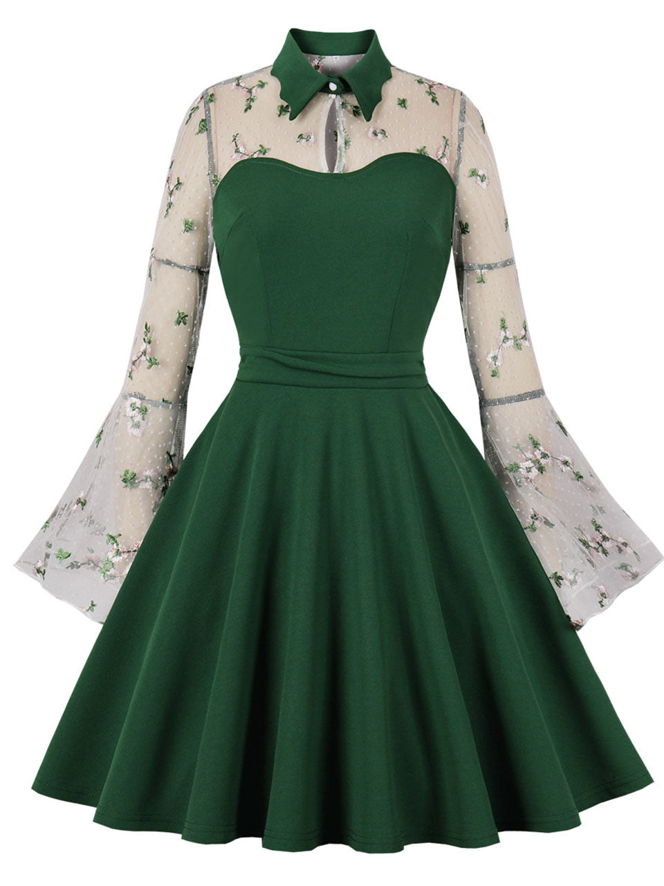 Dark Green Turn Down Flower Embroidered Semi-Sheer 1950S Vintage Dress
