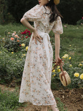 Load image into Gallery viewer, Floral Embroidered Lace Puffed Sleeve Chiffion Vintage Dress With Belt