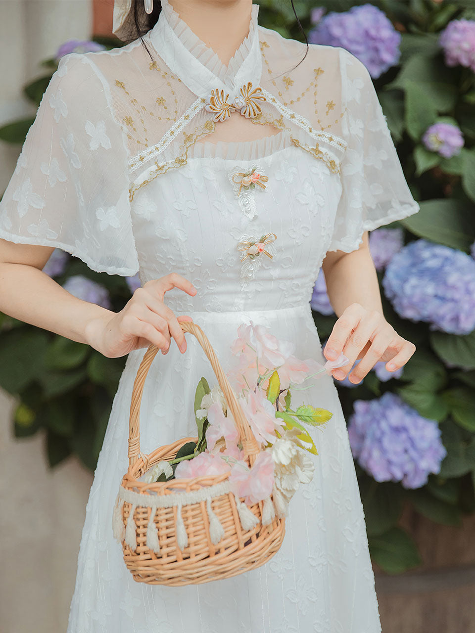 White Shawl Faux Two-Piece Lace Embroidered Vintage Dress Jolly Vintage White Shawl Faux Two-Piece Lace Embroidered Vintage Dress Jolly Vintage