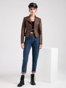 Women‘s Leather Jacket Weave Long Sleeve Winter Coat
