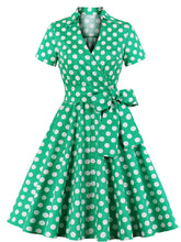 Load image into Gallery viewer, Green Elegant High Waist V Neck Short Sleeve Dots Vintage Dress