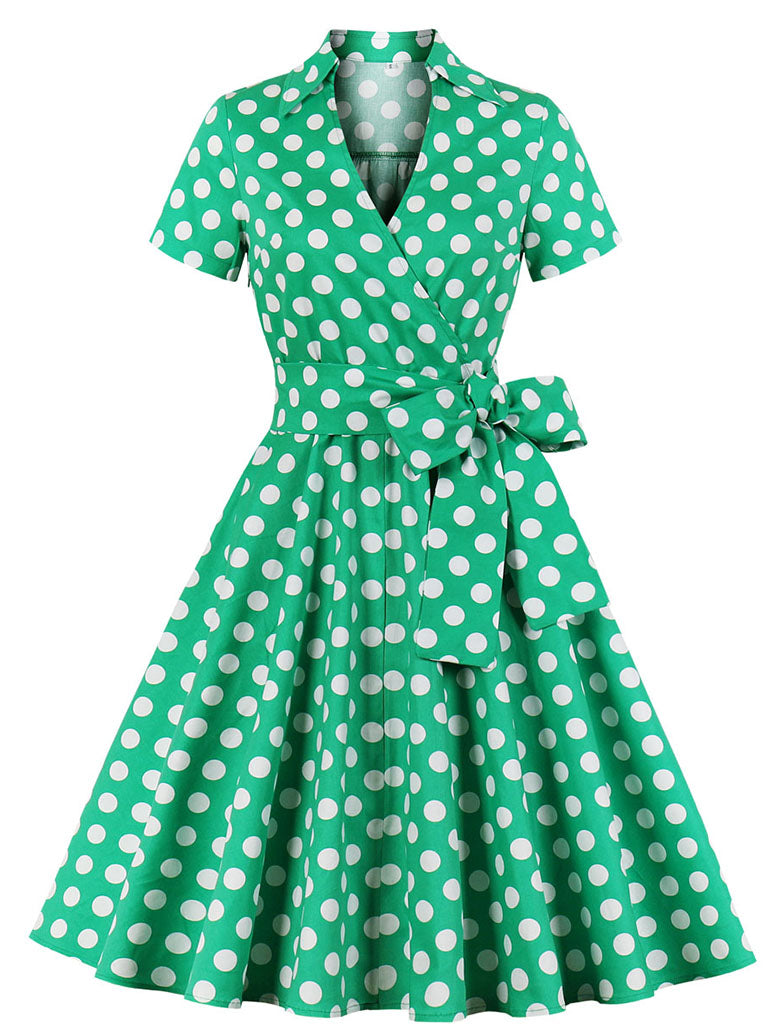 Green Elegant High Waist V Neck Short Sleeve Dots Vintage Dress