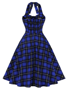 Plaid Off the Shoulder High Waist Halter 1950 Dress
