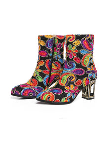 7CM Luxury Embroidered Chunky High Heel Platform Bootie Vintage Shoes