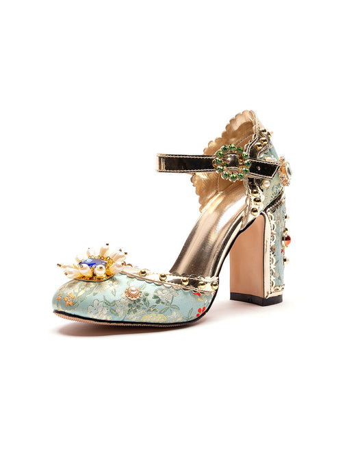 10CM Luxury Flower Chunky Heels Retro Shoes