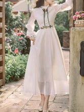 Load image into Gallery viewer, Yellow Flower Embroidered Puff Long Sleeve Edwardian Revival Dress