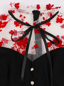 Red Flower Semi Sheer 1950S Swing Vintage Black Dress