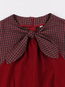 Wine Red Bow Plaid 1950S Vintage Dress With Pockets