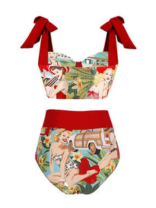 Red Retro Poster Print Bikini With Bathing Suit Wrap Skirt