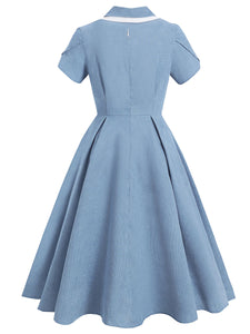 Baby Blue Corduroy Bud Short Sleeves 1950S Vinatge Dress With Pockets