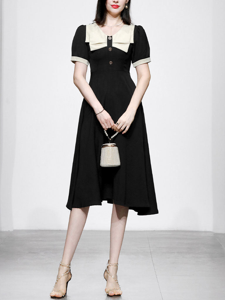 Black Dress With White Bow Collar Vintage 1950S Hepburn Style Outfits Vintage Dress, Black / XS Black Dress With White Bow Collar Vintage 1950S Hepburn Style Outfits Vintage Dress, Black / XS