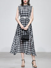 Load image into Gallery viewer, Black and White Plaid Ruffles  Sleeveless Vintage Style Chiffon Maxi Dress