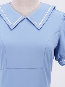 Blue Hepburn Style Navy Wavy Lace Puff Short Sleeved Elegant Swing Dress