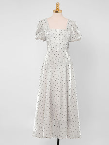 Blue Polka Dots Puff Sleeve Vintage Style 1950S Dress
