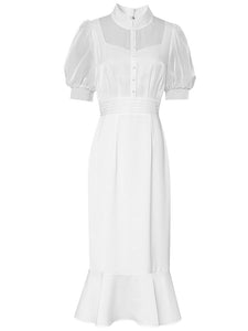 White Stand Collar Puff Sleeve Princess Mermaid Organza Dress