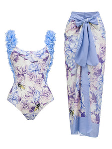 2PS Blue Flower One Piece With Bathing Suit Warp Skirt