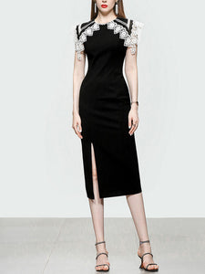 White Big Sweet Lace Collar Sleeveless Bodycon 1960S Black Slit Dress