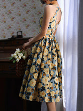 Load image into Gallery viewer, 1950S Hepburn Style Outfits Blue And Yellow Floral Print Back Hollow Heart Swing Dress