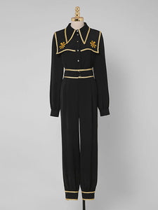 2PS Gold Embroidered Shirt Collar Black Uniform 1940S Vintage Pant Set