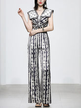 Load image into Gallery viewer, Black And White Animal Print Spaghetti Straps Jumpsuit With Cape