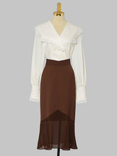 Load image into Gallery viewer, 2PS White Lace Ruffles V Neck Top And Brown Fishtail Skirt Dress Suit