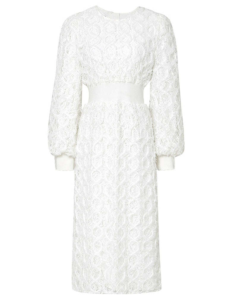 White Crew Collar Long Sleeve Lace Party 1960S Dress