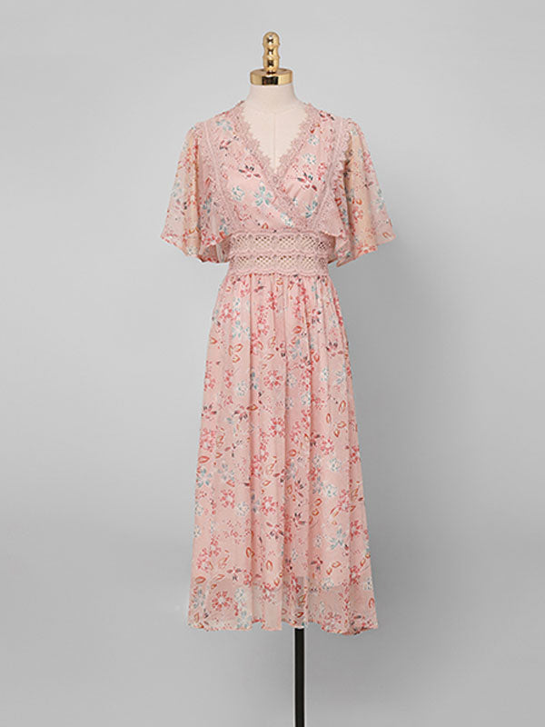Pink Butterfly Sleeve Lace Chiffon Dress – Jolly Vintage