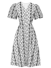Load image into Gallery viewer, White Embroidered Black Thread V-Neck Pearl 1950S Vintage Dress