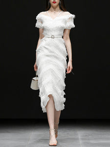 White Romantic Wedding Ruffles V-Neck Sequin Lace Irregular Hem Dress