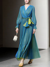 Load image into Gallery viewer, Blue V Neck Lantern Sleeve Pleated Fairy Dress