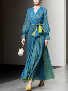 Blue V Neck Lantern Sleeve Pleated Fairy Dress
