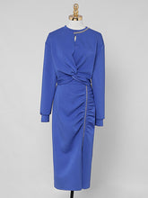Load image into Gallery viewer, 2PS Royal Blue Casual Crew Neck Loose Short Sweater And Smocked Bodycon Skirt Suit