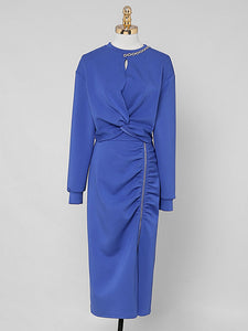 2PS Royal Blue Casual Crew Neck Loose Short Sweater And Smocked Bodycon Skirt Suit