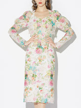 Load image into Gallery viewer, White 1960S Vintage Floral Printed Pearl Puff Sleeve Bodycon Dress