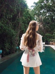 White Beach Wedding Swimsuit Lace Long Sleeve Swimsuit With Butterfly Vintage One Piece Swimwear