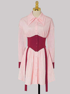 Pink Turn-Down Collar  Retro Corset Shirt Dress With Long Sleeve
