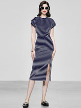 Load image into Gallery viewer, Striped Crew Neck Slit Casual Sexy Bodycon Dress
