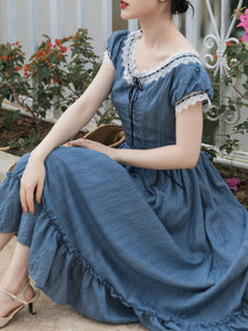 Vintage Blue Lace Cotton Little Women Same Style Prairie Dress