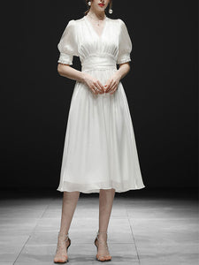White Ruffles Puff Sleeve Organza Vintage Dress