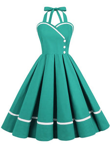Solid Color Halter Backless 1950S Vintage Swing Dress