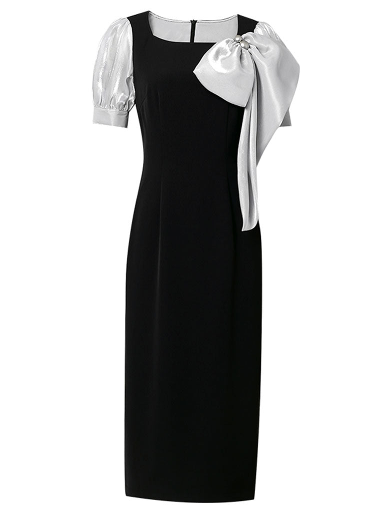 Black Big Sweet Bow Vintage Square Collar Puffed Sleeve 1960S Dress
