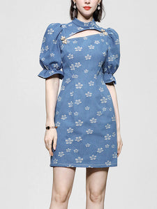 Retro Cheongsam Stand Collar Hollow Puff Sleeves Denim Printed Mini Dress